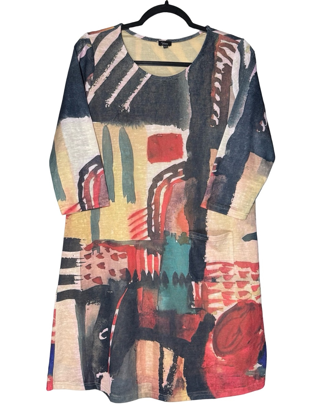 Shana Women’s XS Abstract Artsy Print Dress 3/4 Sleeve Front Pocket Multicolor